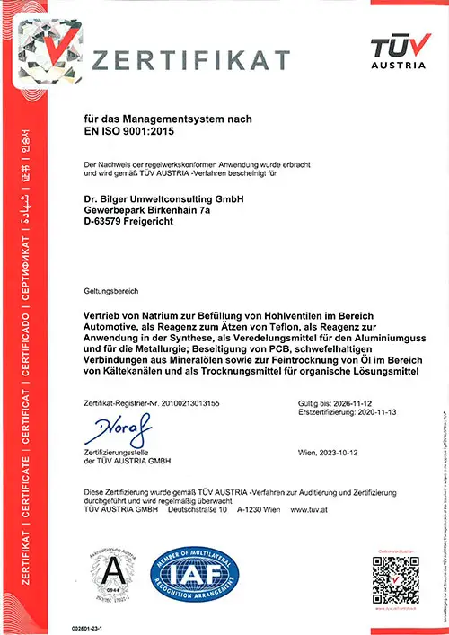 Zertifikat TÜV Austria – Dr. Bilger Umweltconsulting GmbH