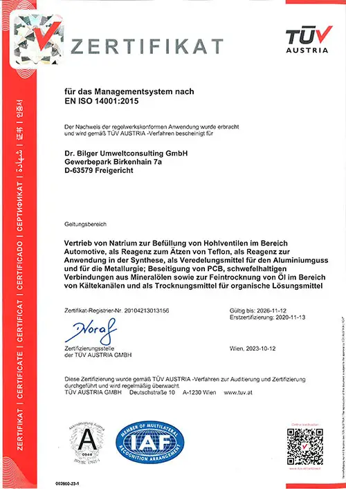 Zertifikat TÜV Austria – Dr. Bilger Umweltconsulting GmbH
