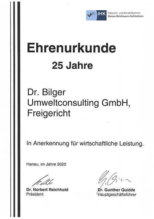 IHK Ehrenurkunde 25 Jahre – Dr. Bilger Umweltconsulting GmbH