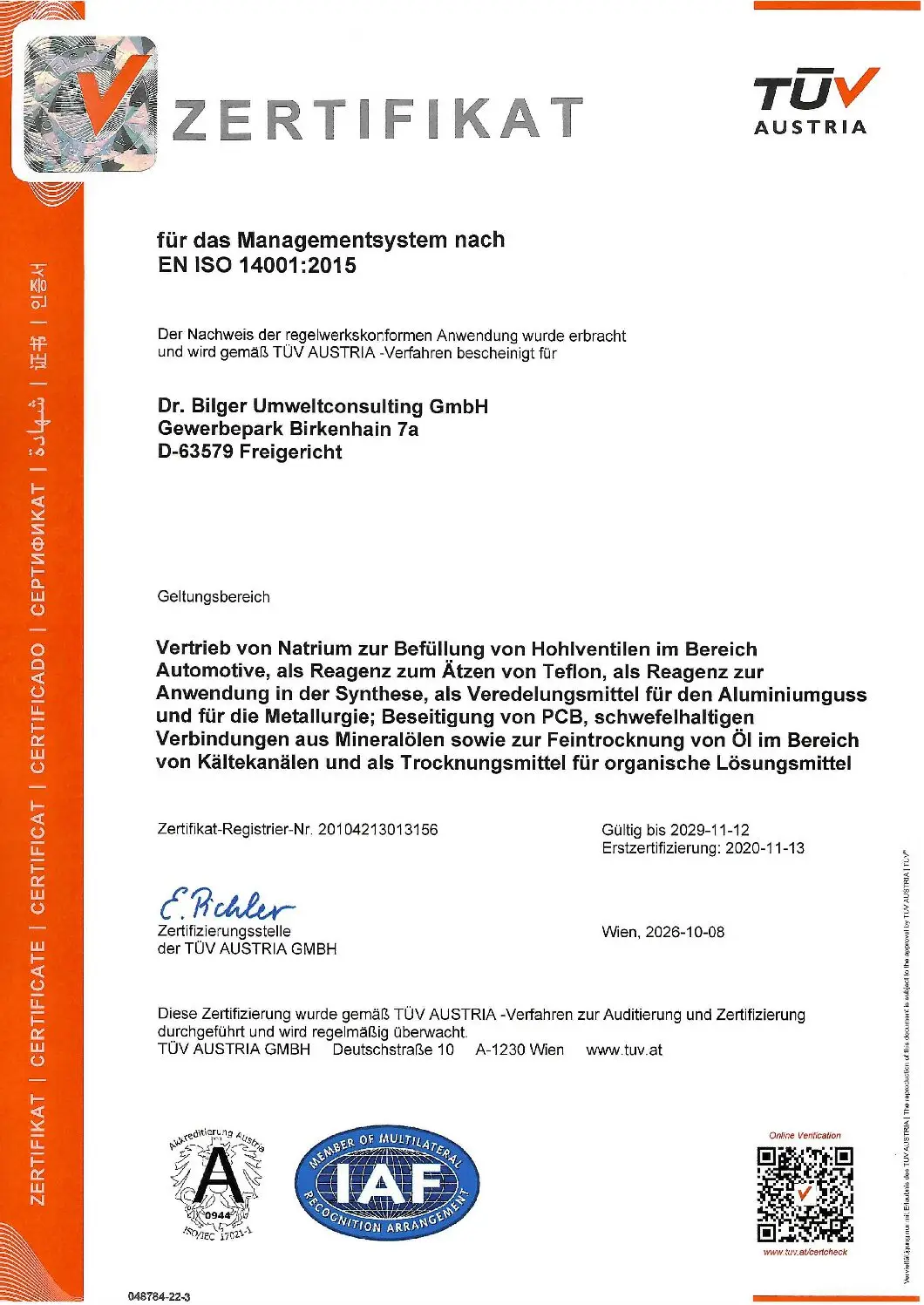 Zertifikat ISO 14001:2015 – TÜV Austria – Dr. Bilger Umweltconsulting GmbH