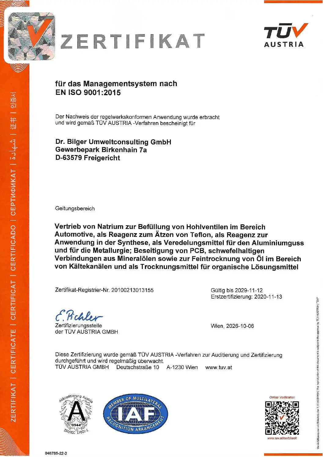 Zertifikat ISO 9001:2015 – TÜV Austria – Dr. Bilger Umweltconsulting GmbH
